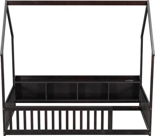 Vista 7 de Bellemave Twin House Floor Bed Frame,Espresso Solid wood montessori bed with storage shelves, built-in LED lights, charging station, no box spring