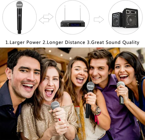 Vista 6 de MicrocKing Sistema de micrófono inalámbrico, micrófonos dinámicos de mano, rango de funcionamiento de 150 pies, 16 horas de uso continuo, ideal