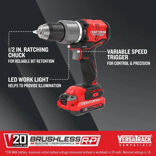 Vista 5 de CRAFTSMAN V20 Kit de taladro de martillo inalámbrico, 1/2 pulgada, 2 baterías y cargador incluidos (CMCD732D2)