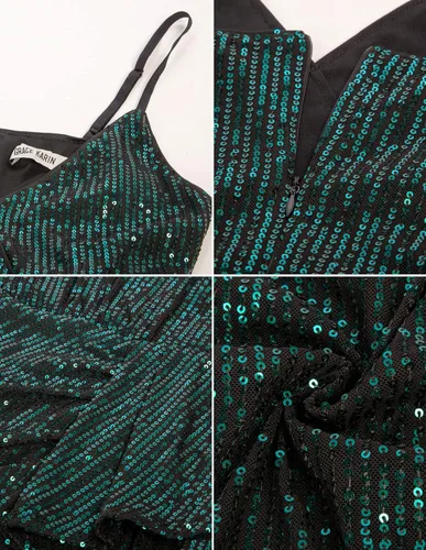 Vista 4 de GRACE KARIN Vestido sexy de lentejuelas para mujer cuello en V fruncido entallado tirantes delgados cóctel fiesta club nocturno