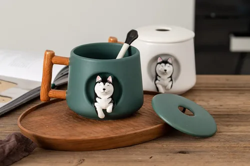 Vista 7 de DIHOclub Taza de café de cerámica con tapa y cuchara a juego, taza novedosa 3D con patrón de Husky para té, leche, chocolate, jugo, taza linda