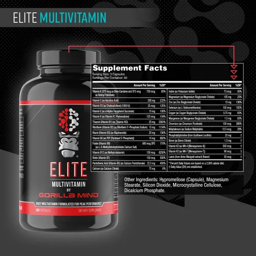 Vista 2 de Gorilla Mind Elite Multi-Vitamin (180 Cápsulas) – Fórmula Multivitamínica Diaria Formulada para Rendimiento Máximo 27 Nutrientes para Compensar
