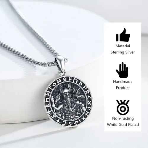 Vista 4 de Brisskaari Joyería vikinga para hombre, collar con colgante de plata de ley 925, colgante de amuleto redondo vintage con runa nórdica, cadena