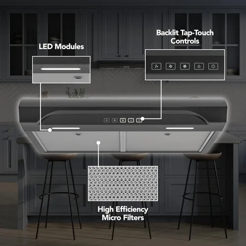 Vista 3 de Campana extractora de 30 pulgadas de 350 MAX CFM con ventilador de 1.5 sones, negra, de acero inoxidable