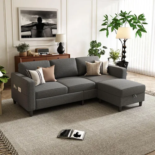 Vista 10 de Sofás Seccionales para Sala de Estar - Sofá Moderno en Forma de L de Lino Gris Oscuro de 3 Plazas con Otomana de Almacenamiento Reversible