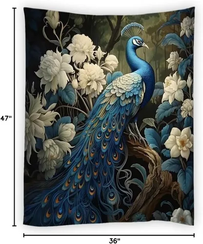 Vista 5 de JONSEQIN Tapiz de pavo real asiático elegante pájaro vintage rústico flores de granja animales plantas naturaleza flores silvestres colcha de picnic