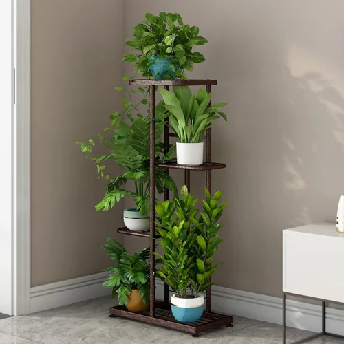 Vista 3 de LINZINAR Soporte de metal para plantas de 4 niveles y 5 macetas, estante múltiple para macetas para interiores y exteriores, unidad de estantería