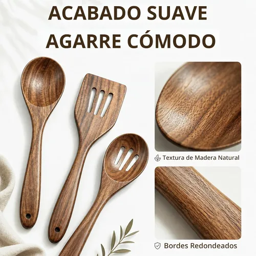 Vista 4 de KITEISCAT Cucharas de madera de acacia para cocinar: juego de utensilios de cocina y cocina de 5 piezas - espátula de madera, cuchara ranurada