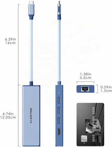Vista 7 de LENTION Concentrador USB C 5 en 1, Ethernet, HDMI 4K, adaptador multipuerto USB 3.0 Azul