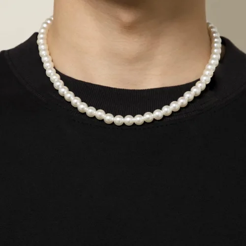 Vista 2 de Collar de perlas para hombre, collar de perlas redondas blancas, gargantilla de perlas, joyería de moda, regalo de joyería de moda, hecho a mano