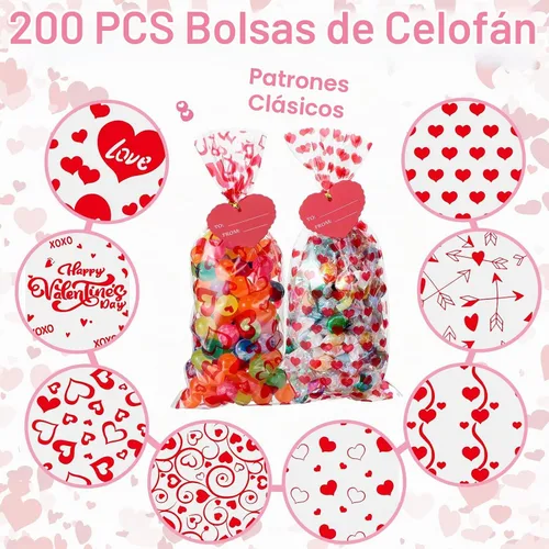 Vista 3 de Skyygemm 200 bolsas de celofán de San Valentín, bolsa de regalo de San Valentín, bolsas de regalo de San Valentín, bolsas rojas de plástico