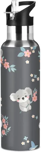 Vista 7 de Linda botella de agua de koala para niños, de acero inoxidable, con aislamiento al vacío, botella de boca de sandard con asa ancha #01