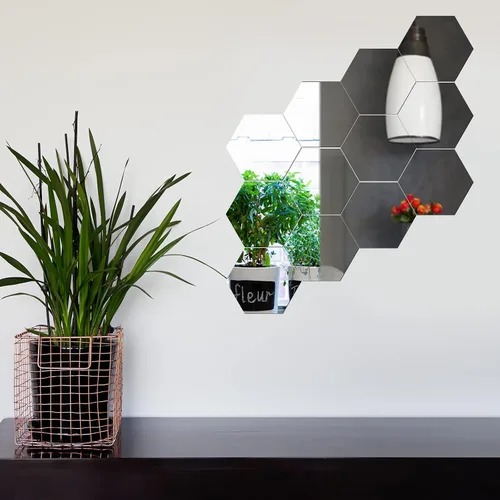 Vista 5 de Jetec Espejo hexagonal de vidrio para pared, espejo autoadhesivo a granel, vidrio de pared plano y flexible para centros de mesa para dormitorio