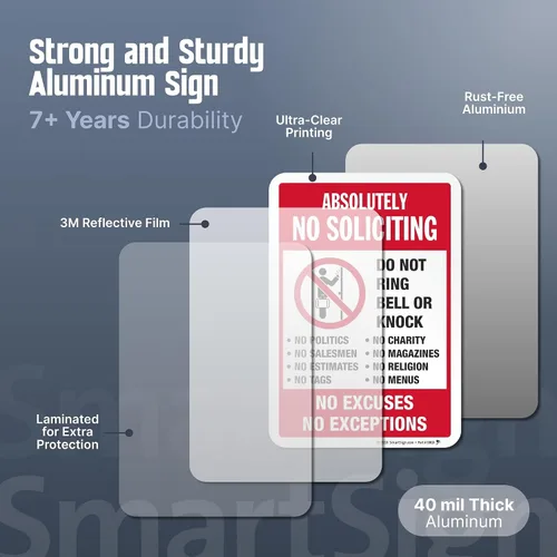 Vista 2 de SmartSign Cartel de metal de 10" x 7" "Absolutely No Soliciting Do Not Ring Bell No Excuses No Exceptions", 40 mil de aluminio laminado de grado