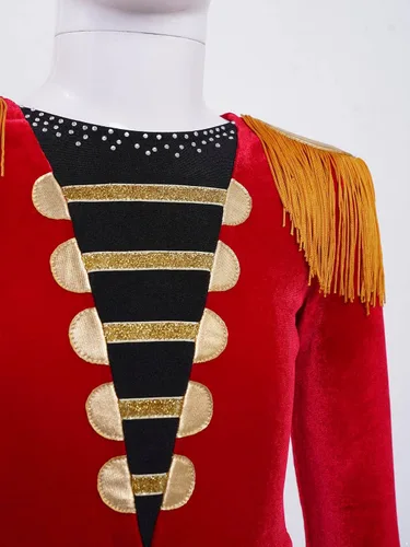 Vista 5 de Fldy Disfraz de Majorette de Tambor para Niñas y Niñas, Disfraz de Circo Ringmaster de Halloween de manga larga con borlas