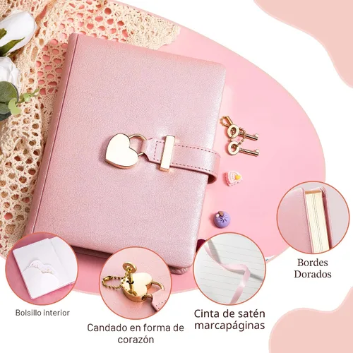 Vista 3 de CAGIE - Diario con cerradura para niñas de 8 a 12 años, diario con cerradura y llave, 296 páginas con borde dorado, diario en forma de corazón