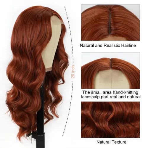 Vista 4 de Halcyon Peluca larga de color rojo cobre castaño rojizo para mujeres negras, peluca ondulada de aspecto natural, peluca sintética de aspecto Cobre