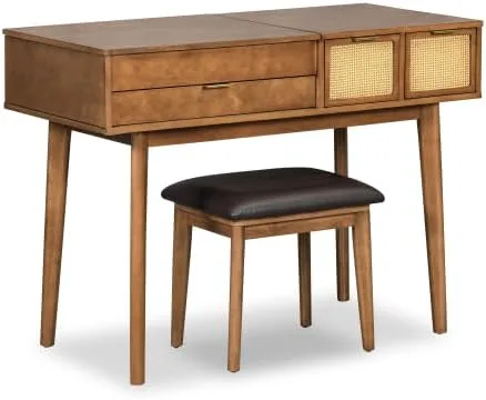 Vista 7 de Escritorio de tocador de 43.3 pulgadas con espejo abatible y taburete, moderno juego de mesa de maquillaje con 3 cajones, juego de tocador