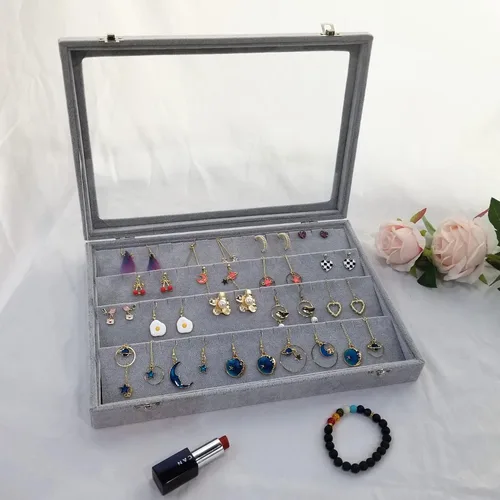 Vista 7 de Organizador de almacenamiento de pendientes de terciopelo de hielo con tapa transparente grande, caja de joyería, soporte para aretes, vitrina gris