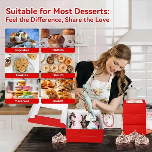 Vista 8 de Juego de 10 cajas para cupcakes a granel con ventana transparente para 4 cupcakes estándar, contenedor desechable de grado alimenticio rojo