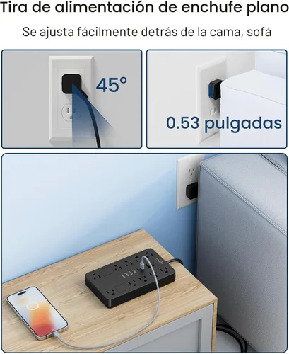 Vista 5 de Cable de extensión con protector de sobretensiones de 6 pies con 10 tomas Negro