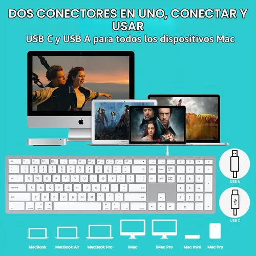 Vista 6 de Teclado con cable para Mac, teclado compatible con Apple, tamaño completo, 20 teclas de acceso directo multimedia, USB A/USB C, para Apple Mac