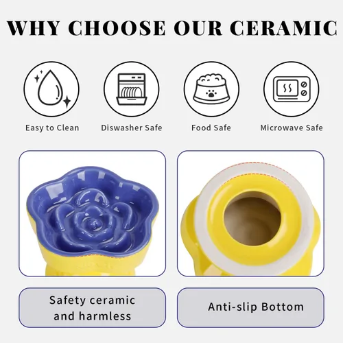 Vista 4 de S&Q's CERAMICS Cuenco elevado de alimentación lenta para gatos, cuenco de cerámica elevado e inclinado para comida para mascotas, comedero lento Azul