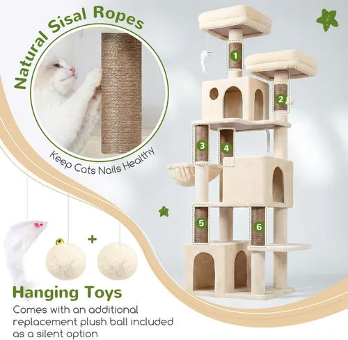 Vista 5 de Globlazer Árbol para gatos alto, torre para gatos de 71 pulgadas para gatos adultos de interior, multinivel, 3 condominios para gatos