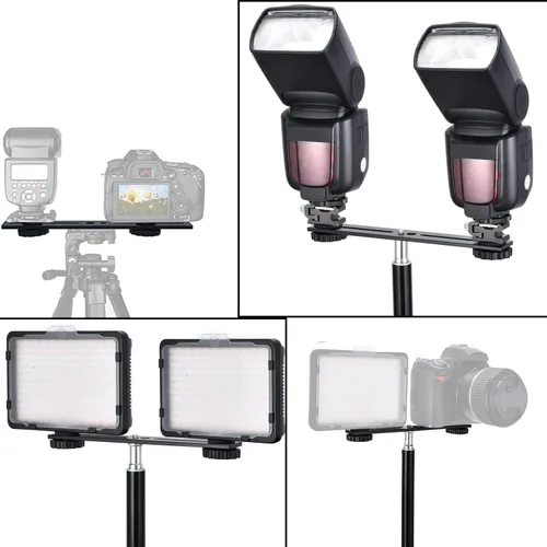 Vista 7 de Soporte de flash dual 8in/20.3cm Soporte de trípode de montaje de cámara con tornillo de 1/4 soporte de luz de flash para micrófono de luz LED 3D