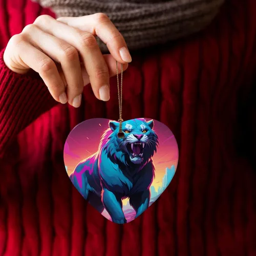 Vista 6 de Synthwave Sabertooth patterned Star Shape ceramic pendant, perfect for decorating your home Christmas tree for winter parties