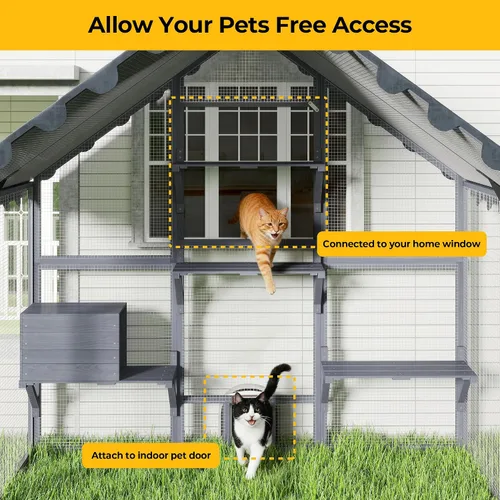 Vista 3 de COZIWOW Catio - Casa grande para gatos al aire libre, con conexión de ventana, resistente a la intemperie, condominio, plataforma, casa de animales