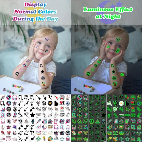 Vista 7 de 96 piezas de notas musicales que brillan en la oscuridad precortados tatuajes temporales para niños Luminous Musical Themed Birthday Party