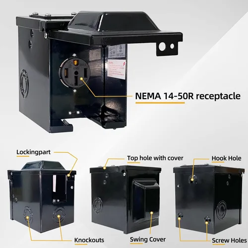 Vista 3 de RV/EV - Caja de toma de corriente de 50 amperios y 125/250 voltios, panel de alimentación cerrado con cerradura impermeable, receptáculo 14-50R