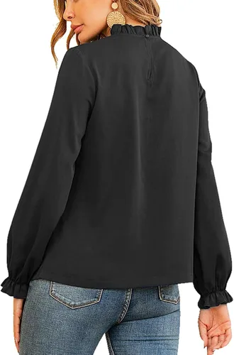 Vista 2 de LYANER Blusa de manga larga con volantes y cuello alto falso para mujer