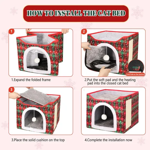 Vista 5 de Cama Térmica para Gatos de Interior, Casa Plegable para Gatos con Almohadilla Térmica Extraíble para Gatos y Perros Pequeños, Cama Cubierta