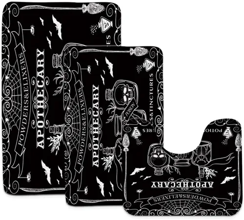 Vista 2 de Tapete de baño de 3 piezas espeluznante para Halloween, alquimia mágica, bruja, calabaza, brujería, calavera de terror, fantasmas espeluznantes