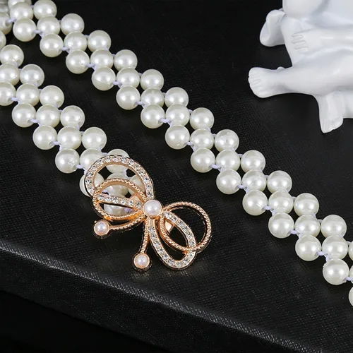 Vista 3 de Cinturón de cadena de cintura elástica con perlas de diamantes, Blanco