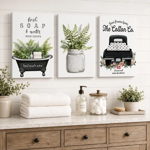 Vista 16 de KVTM 3 piezas de arte de pared de baño de granja, diseño de jabón fresco y bañera de agua, impresiones rústicas de flores en lienzo, arte estético