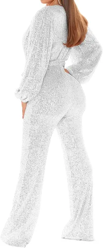 Vista 2 de Hugncmy Mono de manga larga con cuello en V para mujer, estilo casual, sexy, con lentejuelas, pantalones de pierna ancha, trajes de cuerpo
