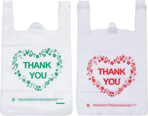 Vista 8 de LazyMe Thank You - Bolsas para camisetas de plástico blancas con asas resistentes, tamaño estándar de supermercado, 12 x 20 pulgadas (100 unidades)