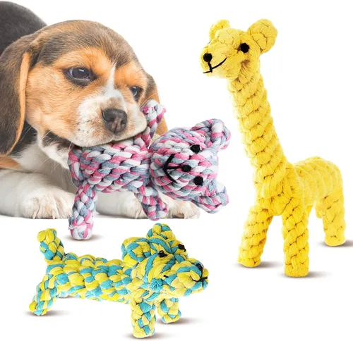 Vista 6 de SunGrow Juguetes de cuerda de algodón para perros, paquete de 2 cachorros y jirafas para masticadores ligeros