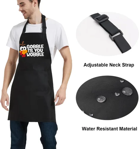 Vista 5 de Delantales de Acción de Gracias para mujeres y hombres con bolsillos, delantal de pavo Gobble Til You Wobble, regalos de parrilla de cocina