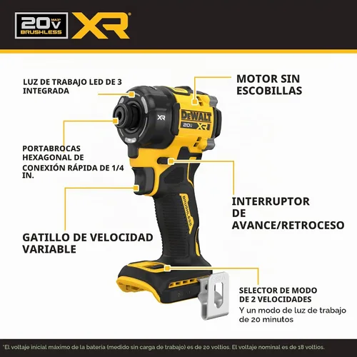Vista 3 de DEWALT Atornillador de Impacto 20V MAX, Inalámbrico, 3 Velocidades, Batería y Cargador Incluidos (DCF845D1E1)