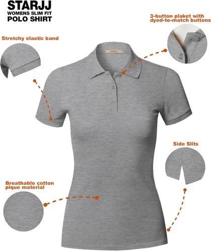Vista 6 de STARJJ Polo de piqué transpirable de manga corta para mujer, corte ajustado
