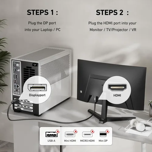 Vista 8 de Cable 4K DisplayPort a HDMI de 6 pies, DP 1.2 unidireccional para computadora a HDMI 1.4 pantalla chapado en oro para Lenovo, HP, ASUS, Dell y otras
