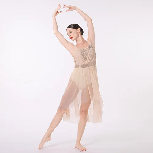 Vista 2 de ODASDO Vestido de baile lírico moderno y contemporáneo para mujer, disfraz de lentejuelas de tul de malla, falda alta y baja, ropa de ballet