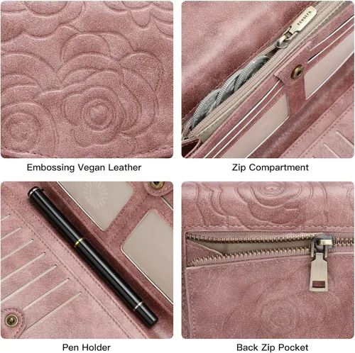 Vista 6 de GOIACII Cartera de mujer con bloqueo RFID para tarjetas de crédito, monedero con cremallera y bolsillo para monedas, flor en relieve, color rosa
