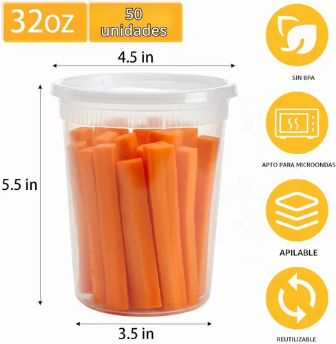 Vista 2 de Lawei Paquete de 50 recipientes de 32 onzas con tapas, almacenamiento de alimentos de plástico a prueba de fugas para preparación de comidas, sopa