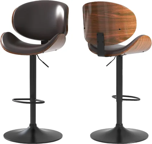 Vista 20 de Juego de 2 taburetes de bar giratorios ajustables, modernos taburetes de bar de madera curvada con base de metal grande y reposapiés, silla de bar