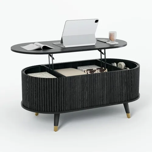Vista 9 de SULIVES Mesa auxiliar ovalada con almacenamiento, mesa de centro multifuncional con tambor elevable, pequeña mesa central acanalada para sala